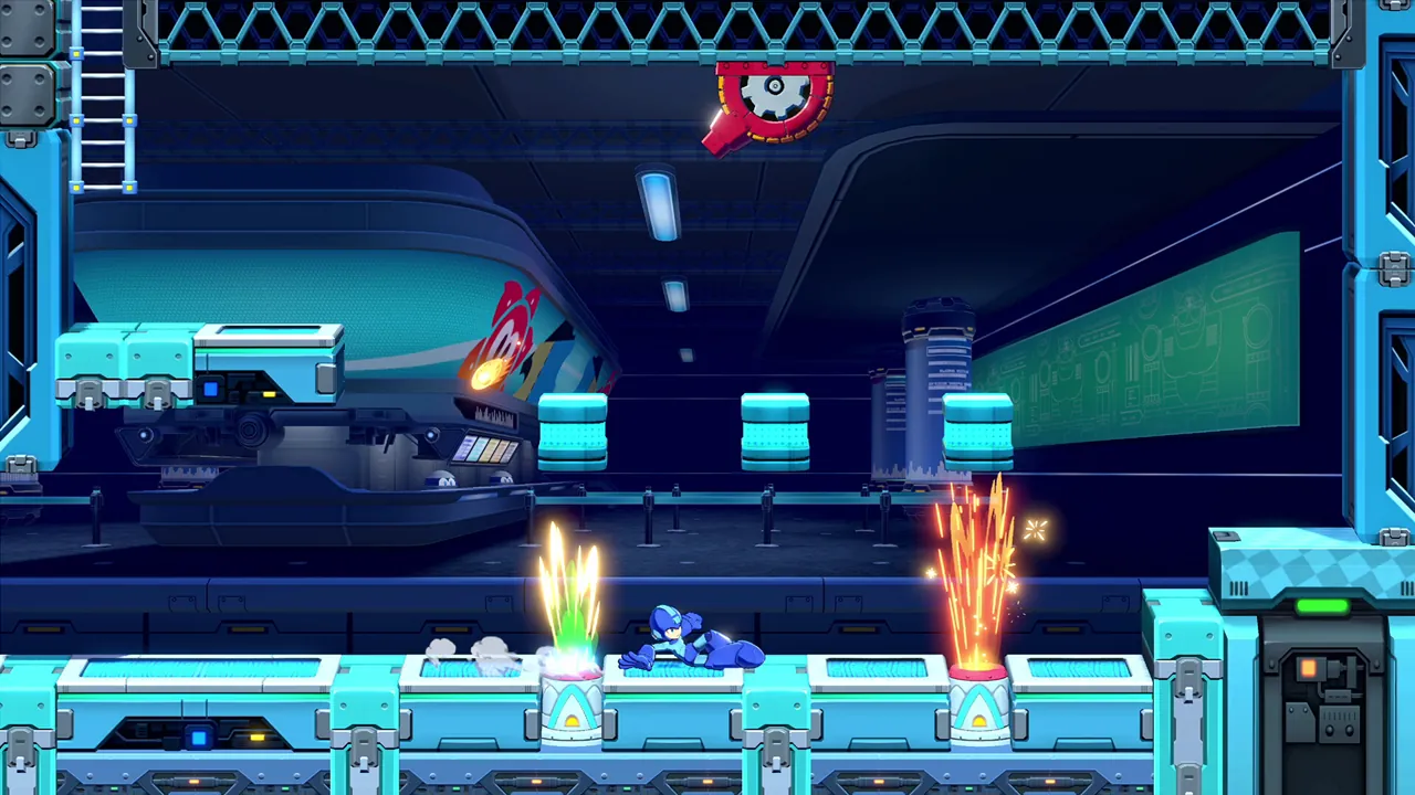 Mega Man slides along a teal industrial floor between two vents spouting green and orange sparks in Mega Man Dual Override.