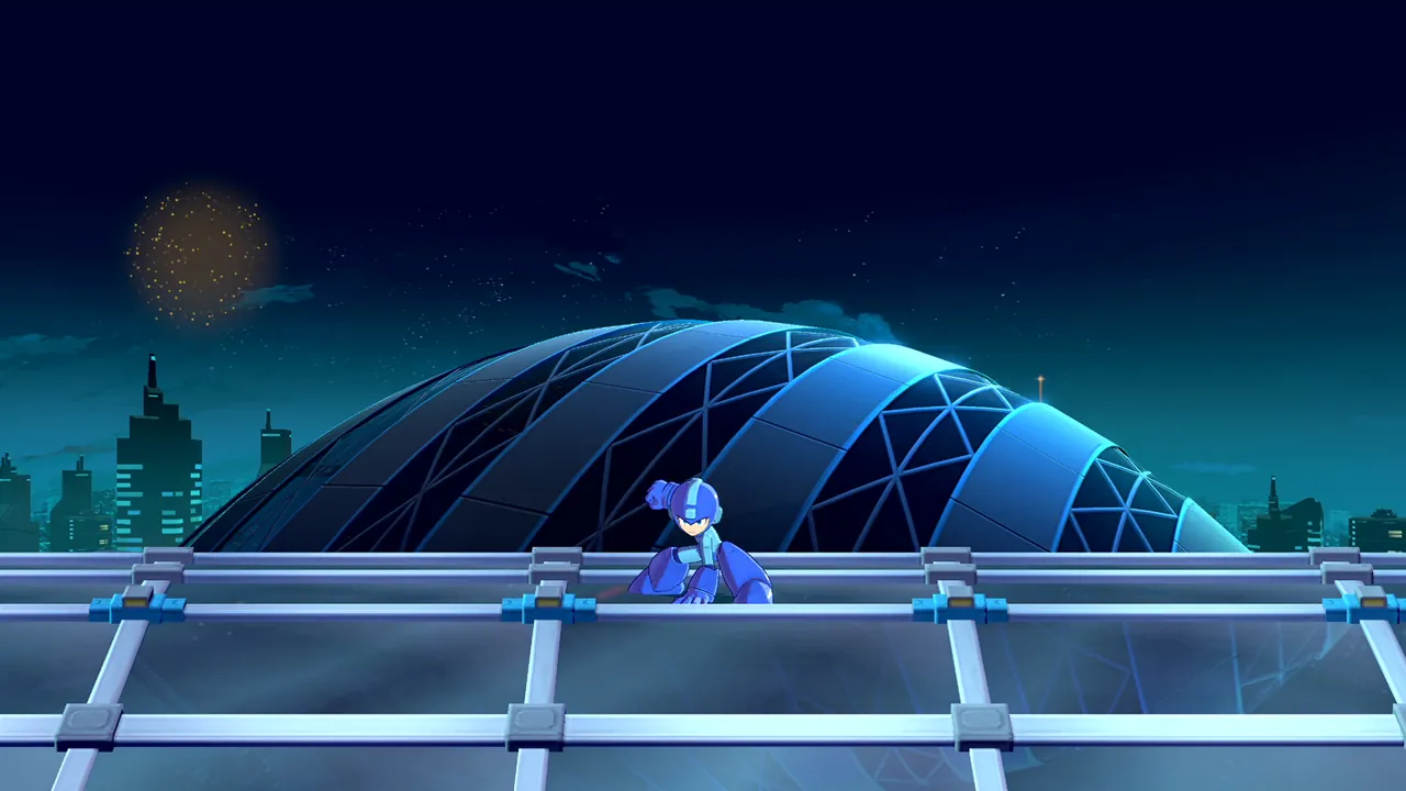 Mega Man poses on a glass walkway in front of a lit dome and night skyline in Mega Man Dual Override.