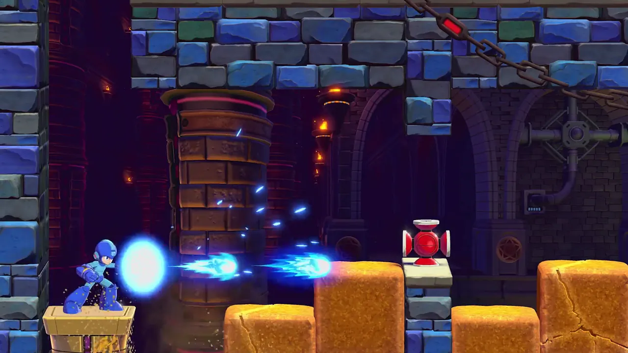 Mega Man fires three buster shots through a torch-lit castle hallway in Mega Man Dual Override.