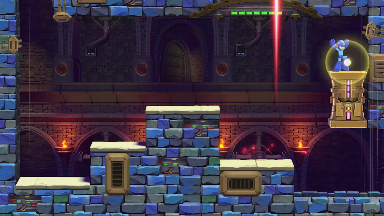 Mega Man glows on a pedestal beneath a red light beam in a blue brick chamber.