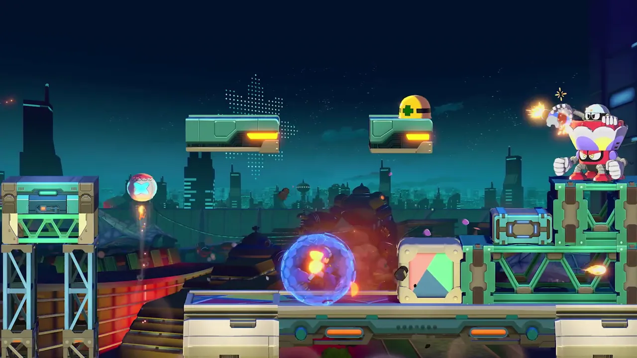 Mega Man inside a blue energy sphere battles a large robot on night fairground platforms.