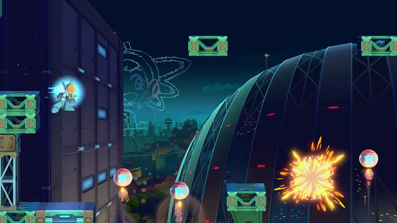 Twinkle Girl dashes through a night fairground stage with balloons and an explosion in Mega Man Dual Override.