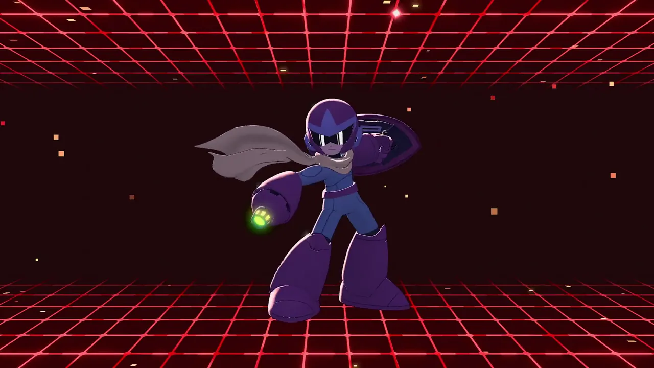 Proto Man aims his buster while holding his shield in a red digital grid room.