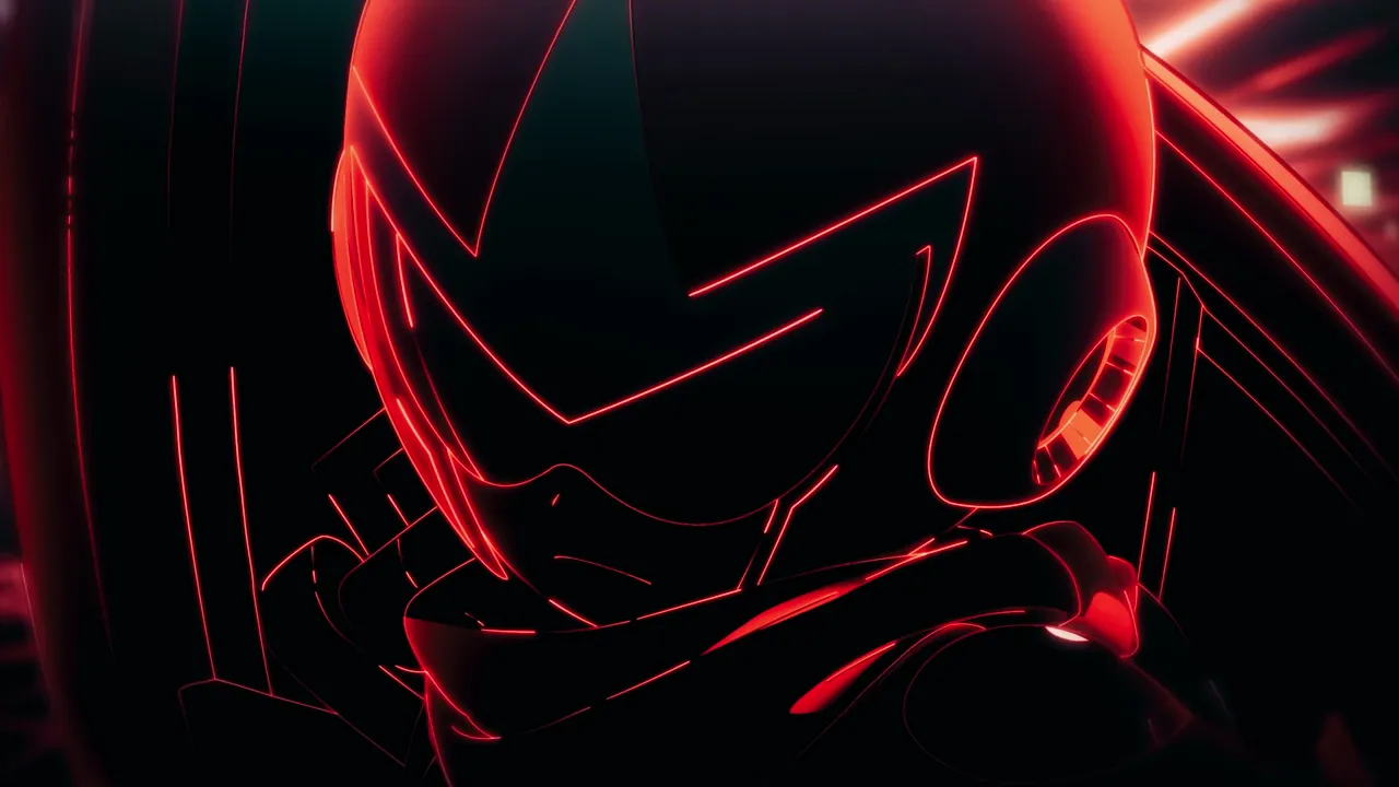 Close-up of Proto Man lit in red against a dark background in Mega Man Dual Override.