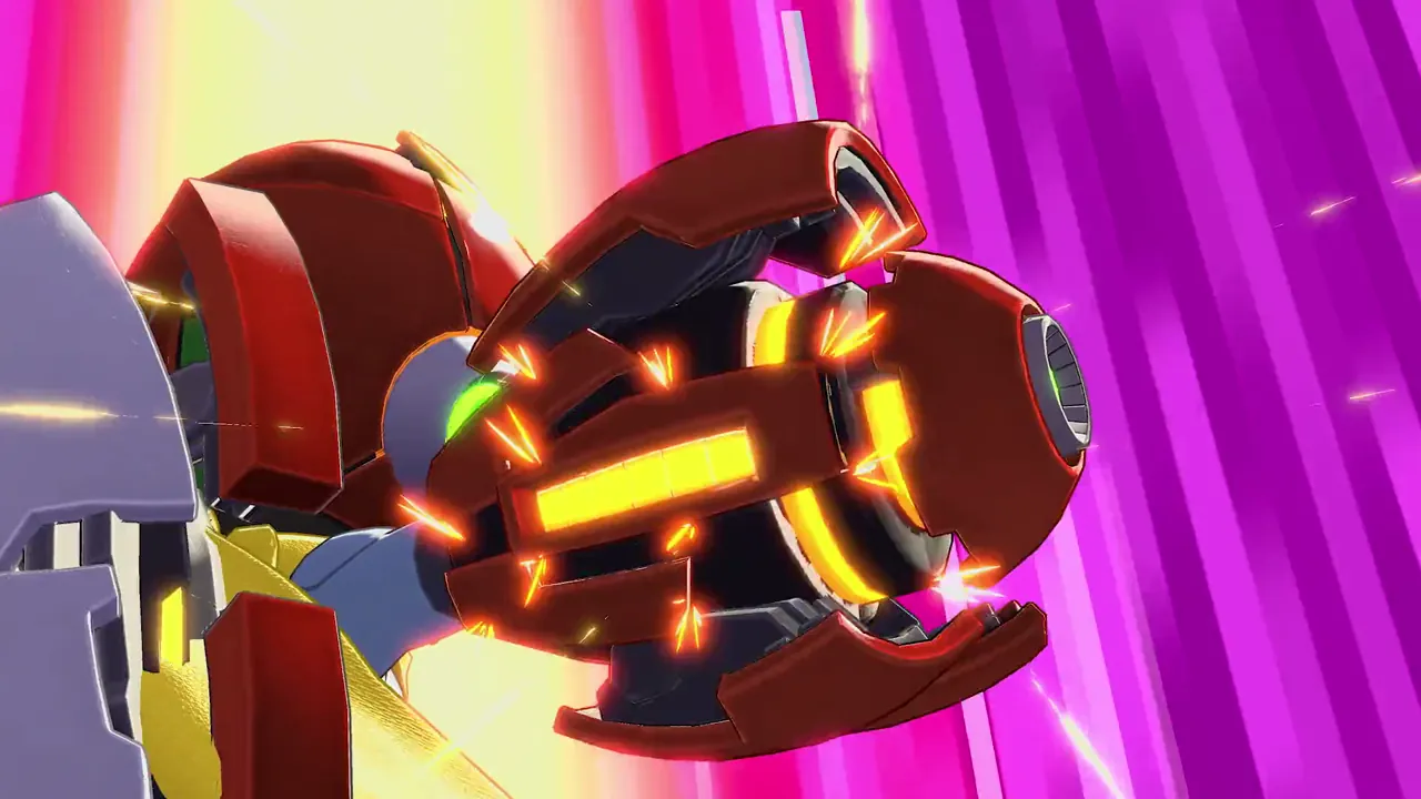 Close-up of a glowing red buster charging with orange sparks in Mega Man Dual Override.