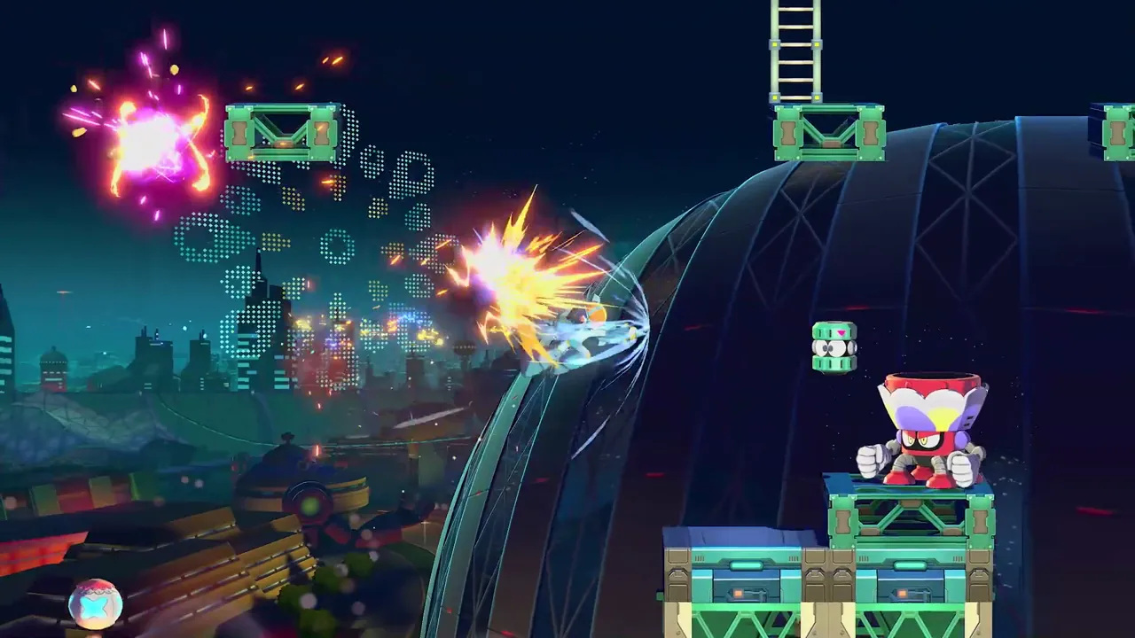 Mega Man fights amid fireworks on green platforms in a night fairground city stage.