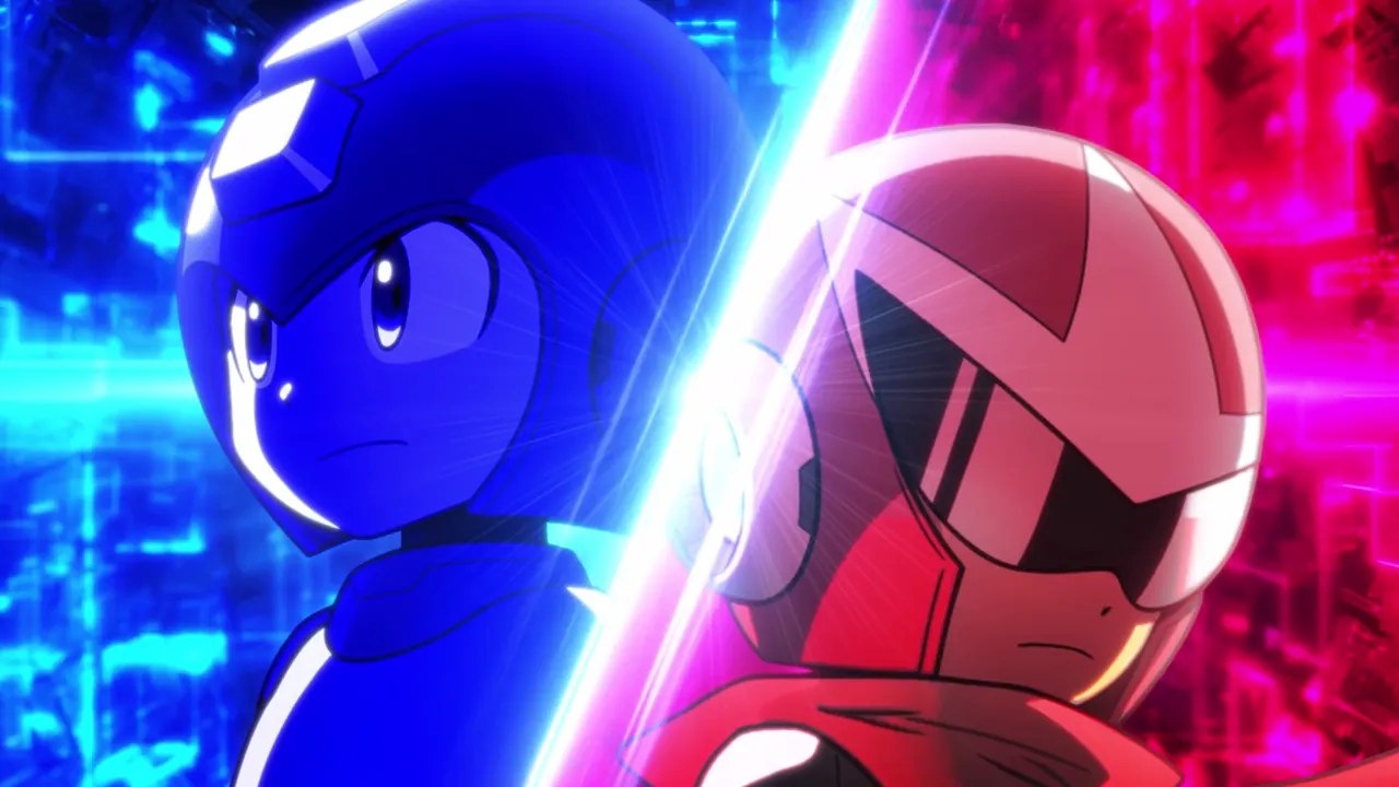 Mega Man and Proto Man appear in a split-screen close-up with blue and pink digital backgrounds in Mega Man: Dual Override.
