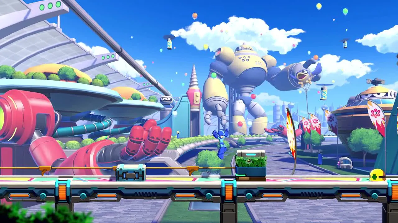 Mega Man shoots in a cyan-lit laboratory interior in Mega Man Dual Override.