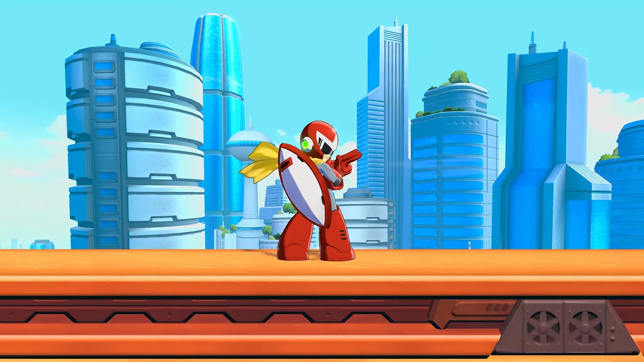 Proto Man holds his shield on an orange bridge before skyscrapers in Mega Man Dual Override.